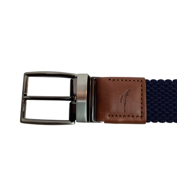 Tommy Bahamas Reversible Mens L/XL Stretch Woven Belt Beige Navy Leather Trim NW - Picture 2 of 6